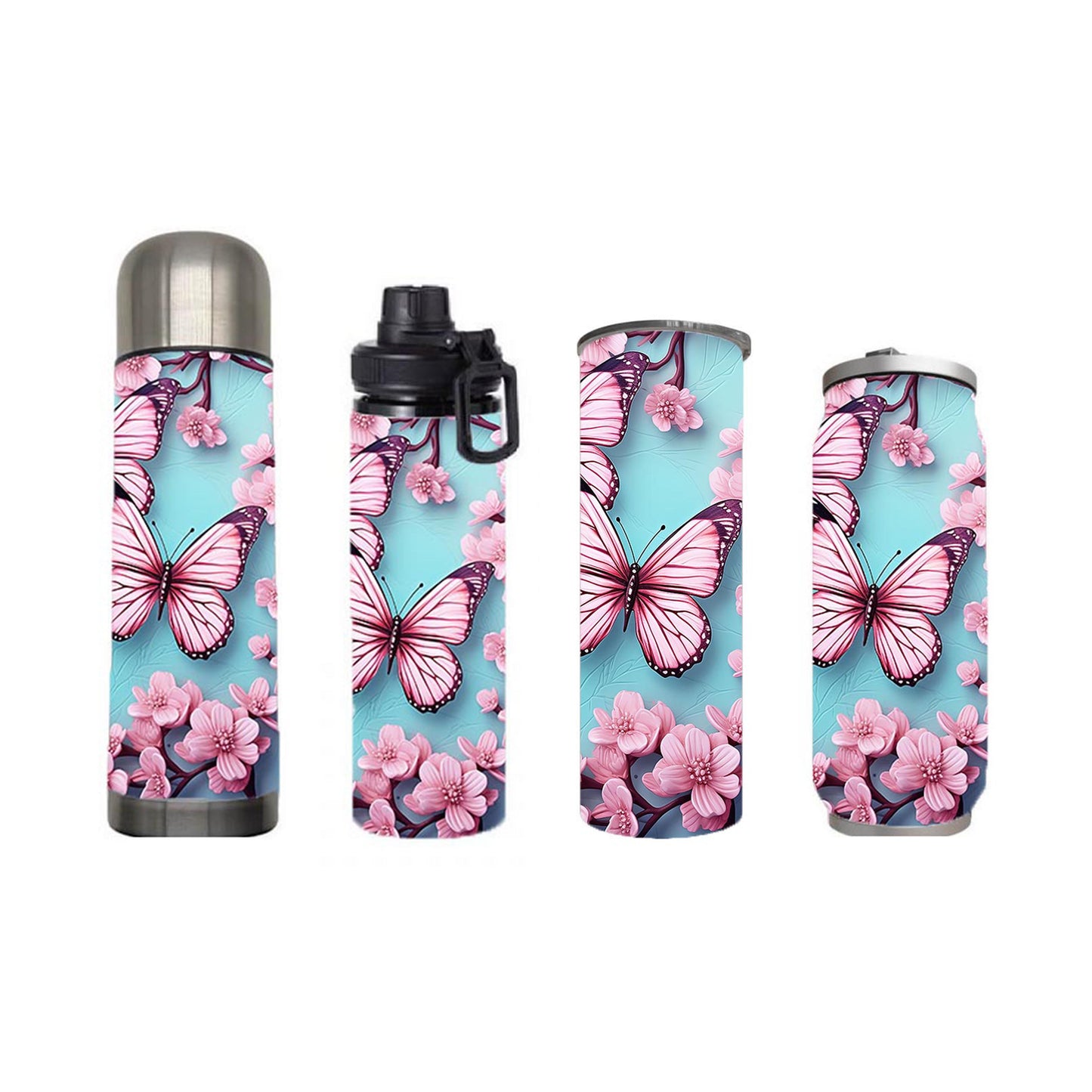 Butterflies - Pink and Baby Blue Design on Tumbler, Can, Flask, or Water bottle