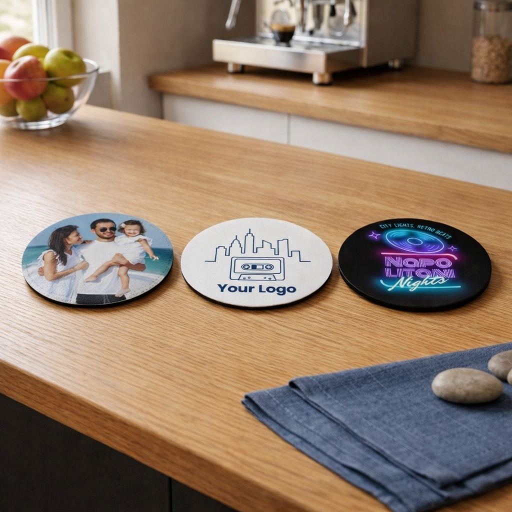 Personalised Premium Round PU Coasters – Custom Printed Photo or Logo (Sets of 4, 6, 8 or 12)