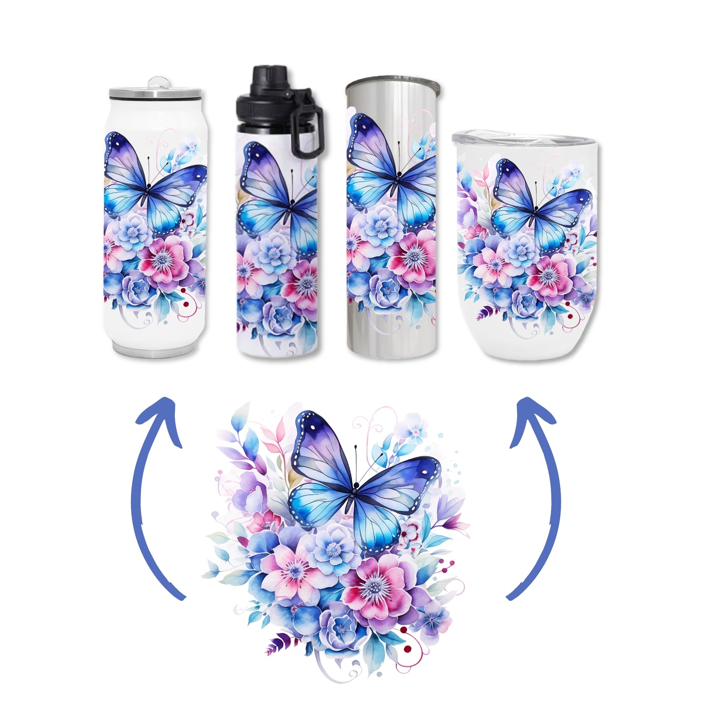 Flowers - Blue Flower Design on Tumbler, Can, Gin Tumbler, or Water bottle
