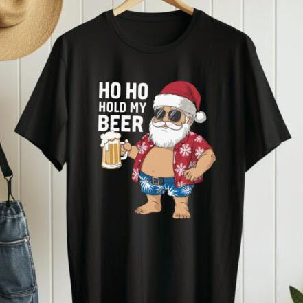 Ho Ho Hold My Beer Christmas Men's Black T-Shirt (round neck) - Printed