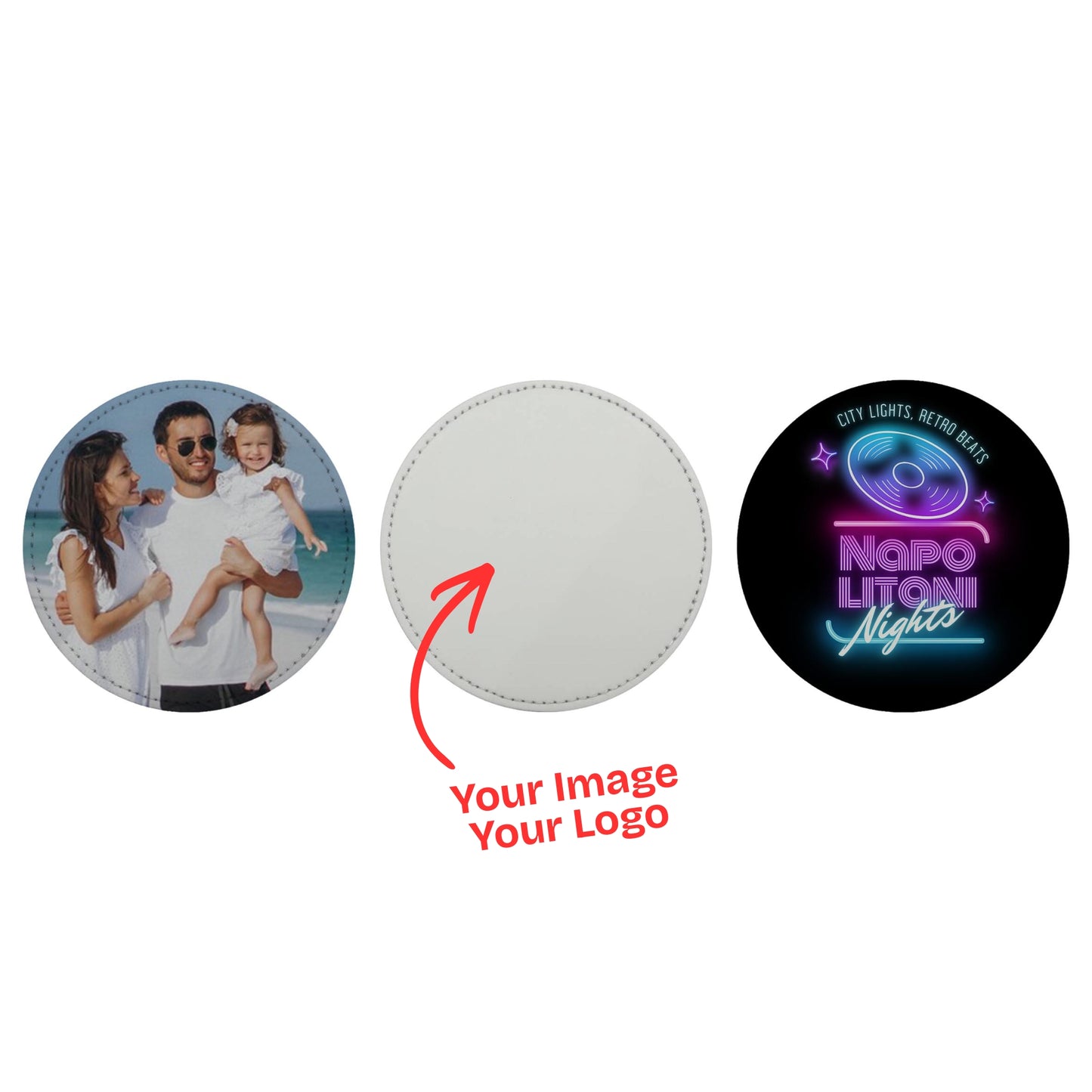 Personalised Premium Round PU Coasters – Custom Printed Photo or Logo (Sets of 4, 6, 8 or 12)
