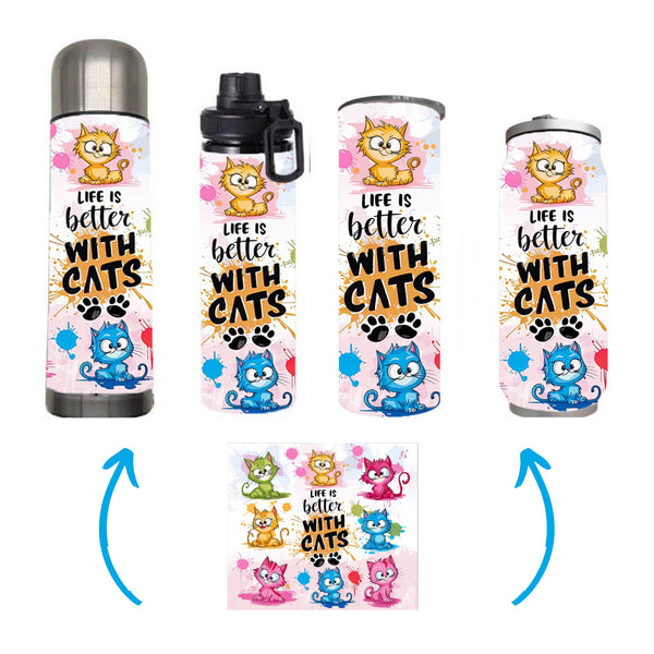 Cats - Life is better with cats Design on Tumbler, Can, Flask, or Water bottle