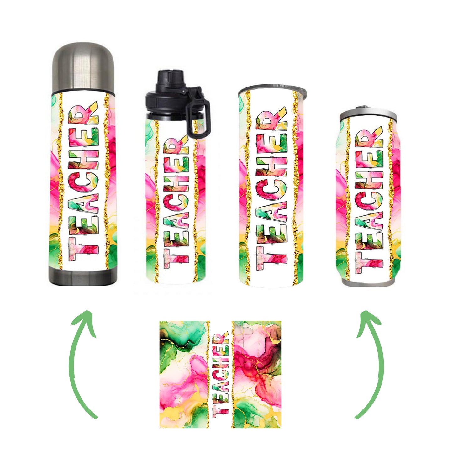 Teacher - Pink Green Alcohol Ink Teacher Design on Tumbler, Can, Flask, or Water bottle