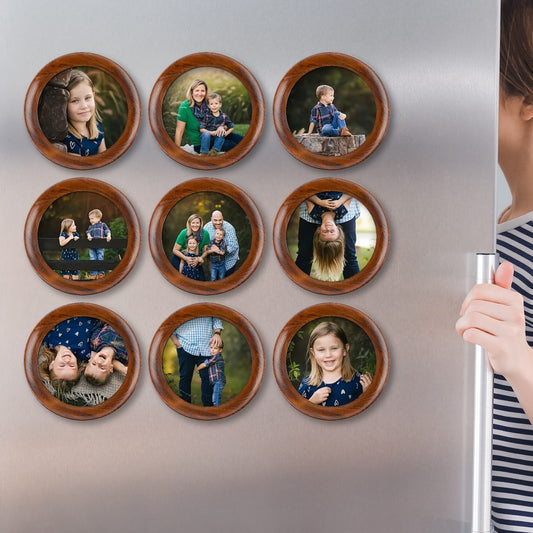 Round Virtual Framed Photo Magnets Set of 9 (Dark Wood Look-alike)