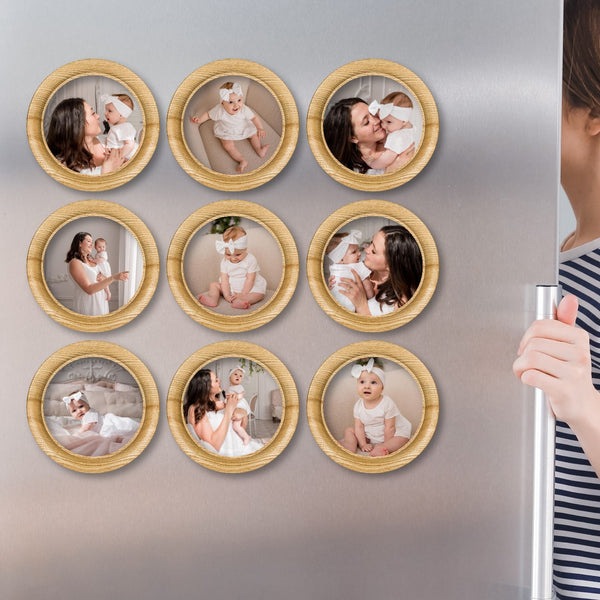 Round Virtual Framed Photo Magnets Set of 9 (Light Wood Look-alike)