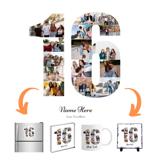 Personalised Number Photo Collage on Acrylic, Slate, Mug or Magnet (15 Photos) 16th BIRTHDAY