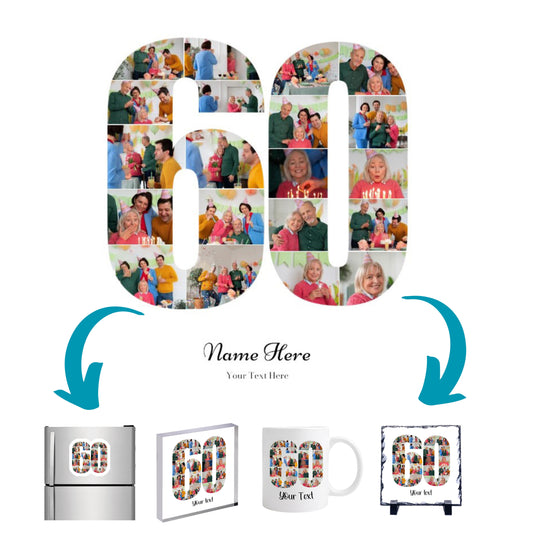 Personalised Number Photo Collage on Acrylic, Slate, Mug or Magnet (20 Photos) 60th BIRTHDAY