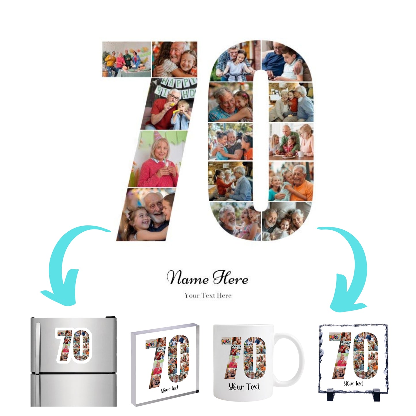 Personalised Number Photo Collage on Acrylic, Slate, Mug or Magnet (15 Photos) 70th BIRTHDAY
