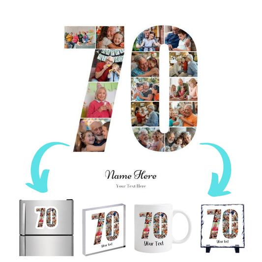 Personalised Number Photo Collage on Acrylic, Slate, Mug or Magnet (15 Photos) 70th BIRTHDAY