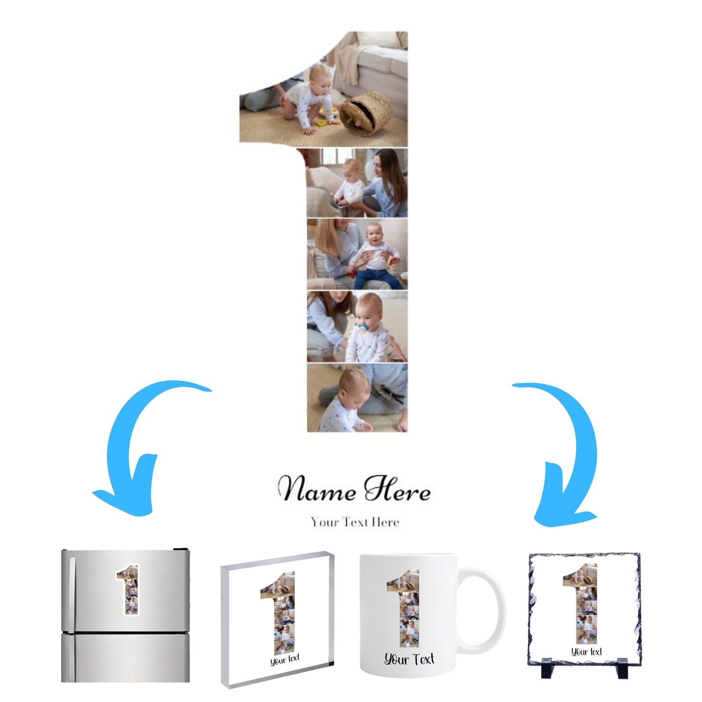 Personalised Number Photo Collage on Acrylic, Slate, Mug or Magnet (5 Photos) 1st BIRTHDAY