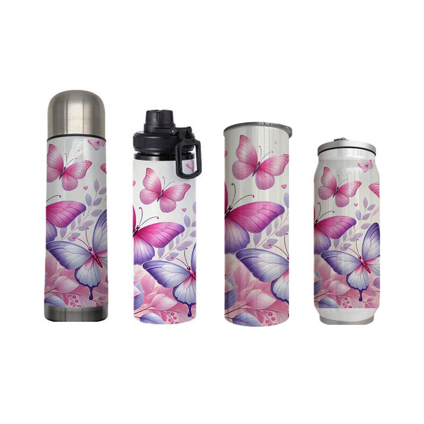 Butterflies - Soft Pink Design on Tumbler, Can, Flask, or Water bottle