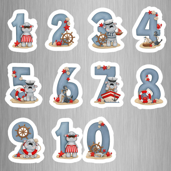 Hippo Sailor Theme Numbers Photo Fridge Magnets - (11 PER PACK) (UK)