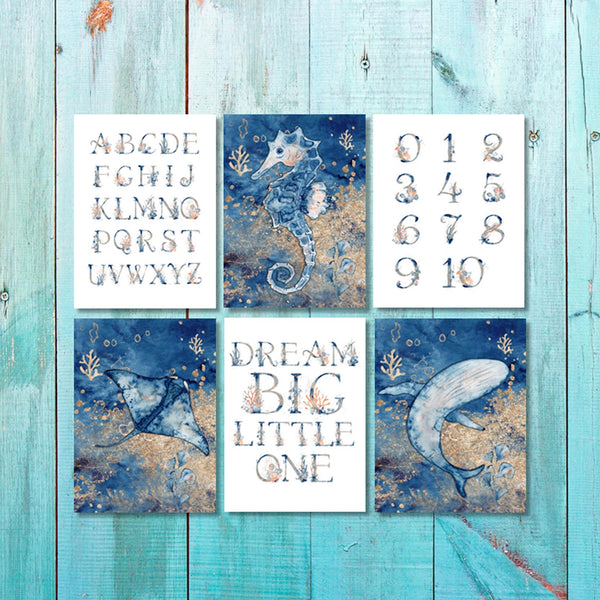 Unisex: Set of 6 - Under the sea watercolor Alphabet Canvas & More 