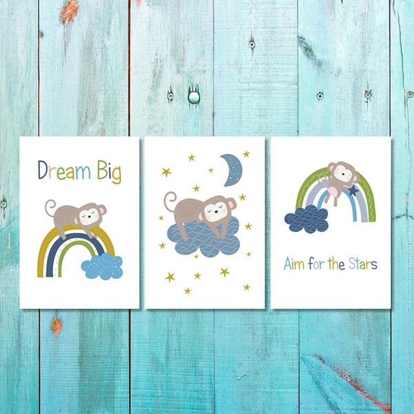 Boys: Set of 3 - Dream Big, Aim for the Stars Little Monkey Canvas & More 