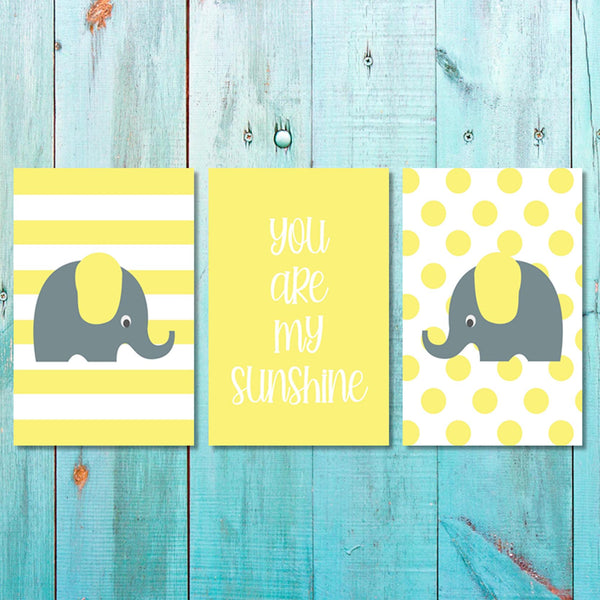 Girls: Set of 3 - Yellow Grey elephant Canvas & More 